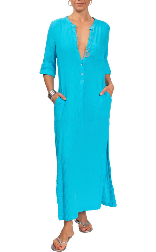 Tracey Caftan - Tahiti Blue Cotton Bubble Gauze