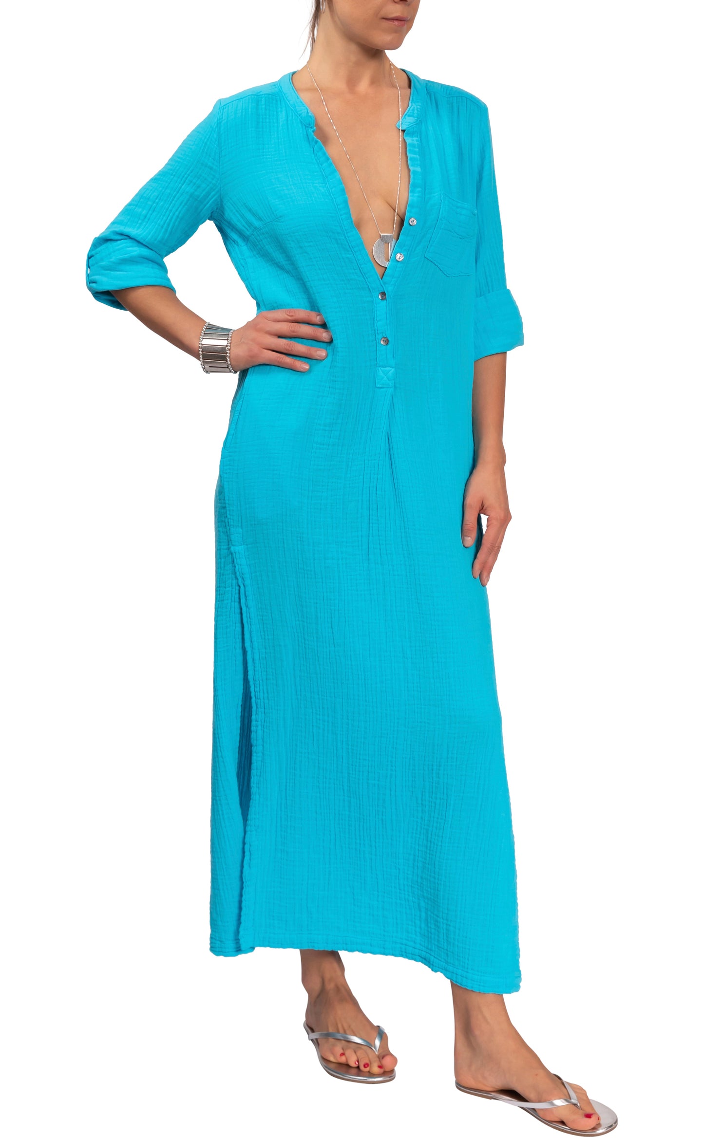 Tracey Caftan - Tahiti Blue Cotton Bubble Gauze