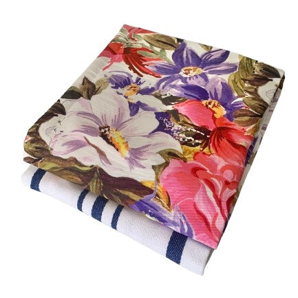 Water Floral + Blue Stripe - Sure Grip Kitchen Towel Gift Set