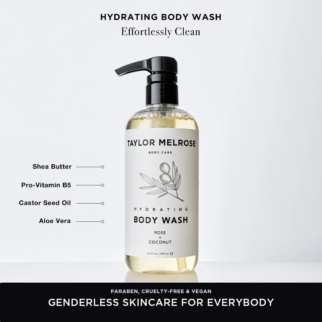 Hydrating Body Wash 16.9 FL Oz - Shea Butter & Pro-Vitamin B5, Genderless, Liquid Soap, shower gel, body care, Rose & Coconut, Paraben-Free, Cruelty-Free, Vegan - Taylor Melrose ®