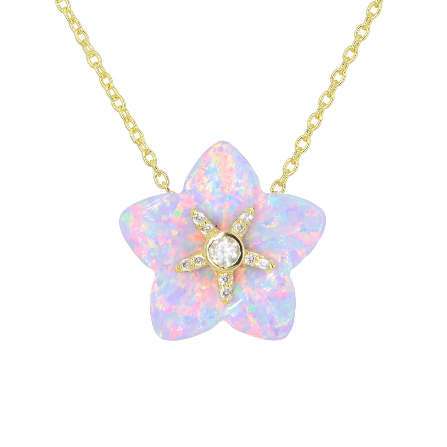 Carved Opal Flower Necklace With Crystals - Lavender