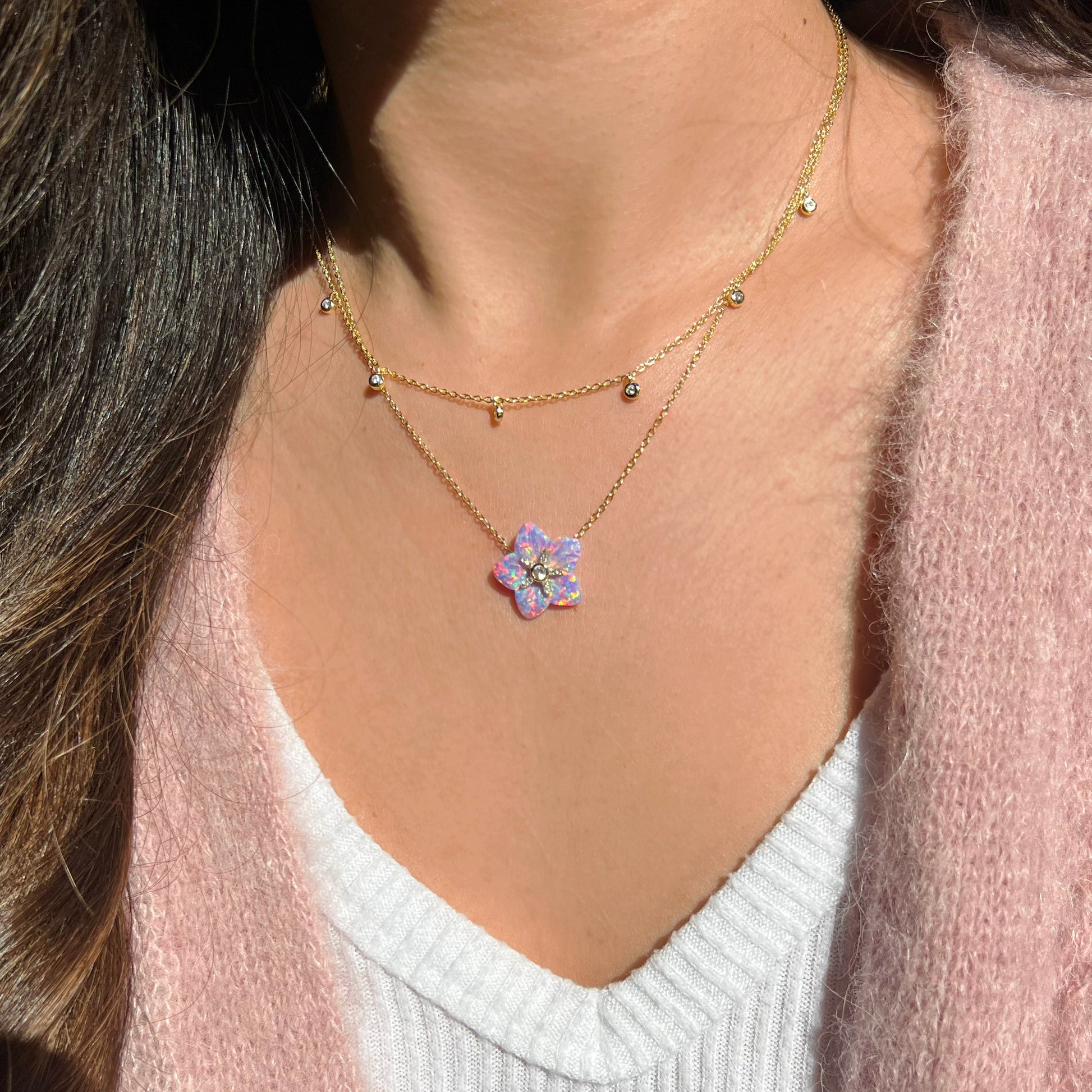 Carved Opal Flower Necklace With Crystals