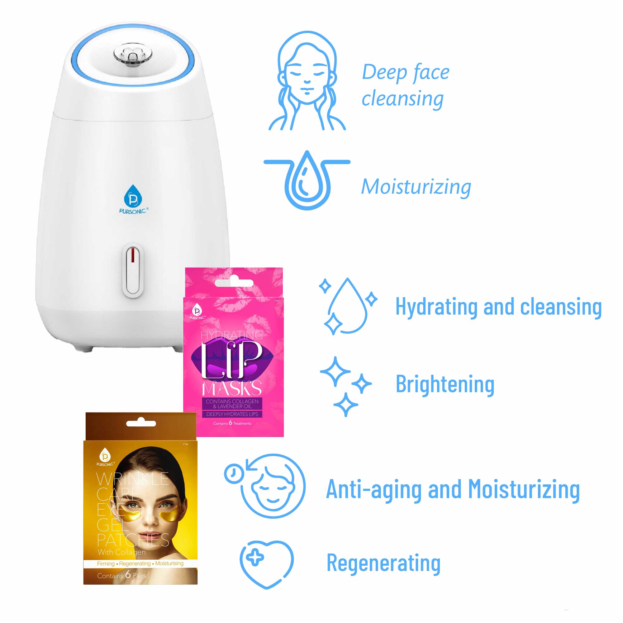 Pursonic Deluxe Facial Steamer with 6 Soothing Eye Masks & 6 Nourishing Lip Masks