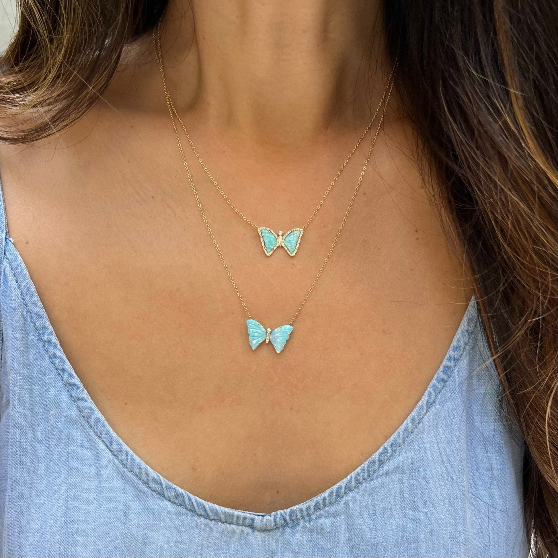 Opal and Turquoise Butterfly Necklace with Diamonds and Prongs