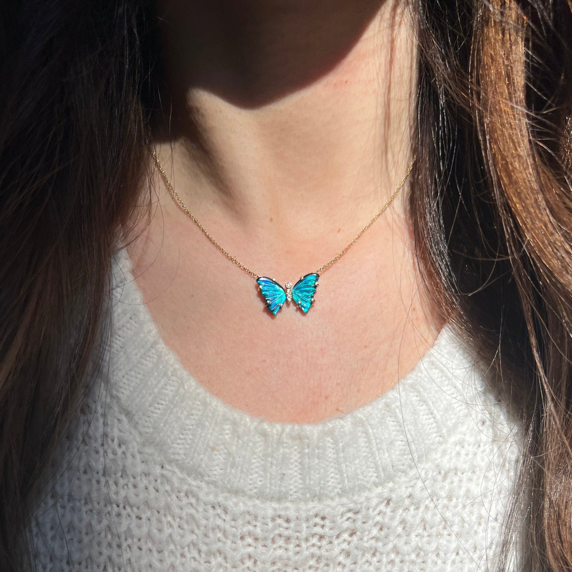 london blue morpho butterfly necklace with diamonds