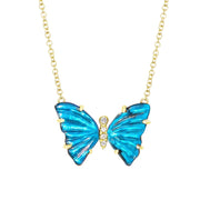 Blue Morpho Butterfly Necklace with Diamonds and Prongs - London Blue Topaz