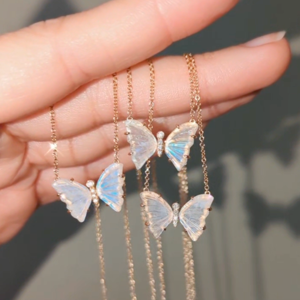 Butterfly Necklace with Diamonds and Prongs - Moonstone