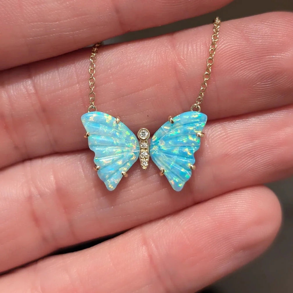 Butterfly Necklace with Diamonds and Prongs - Turquoise Opal