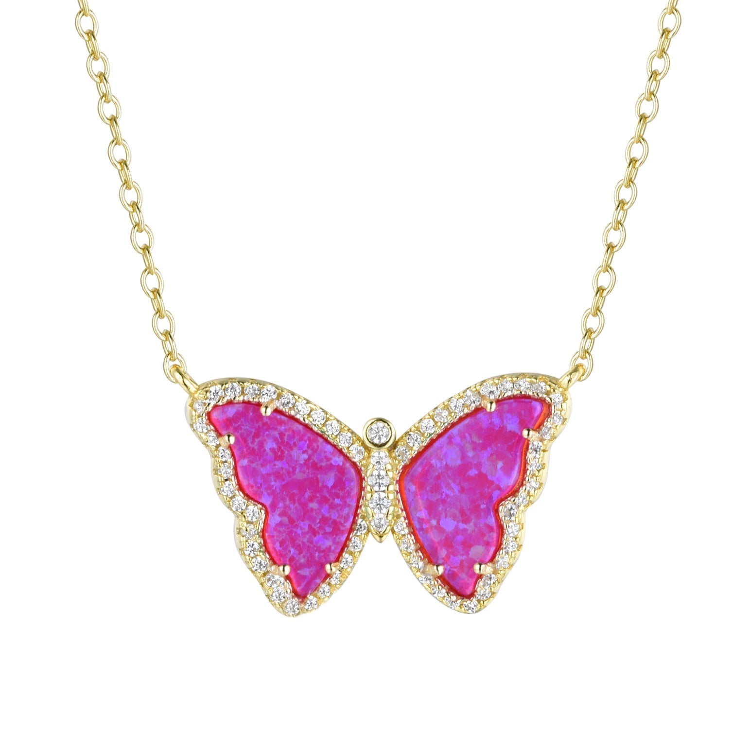 opal butterfly necklace with crystals fuchsia gold