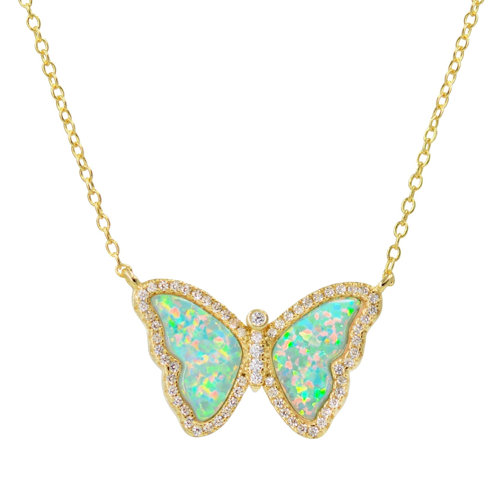 Opal Butterfly Necklace With Crystals in Green Opal Gold