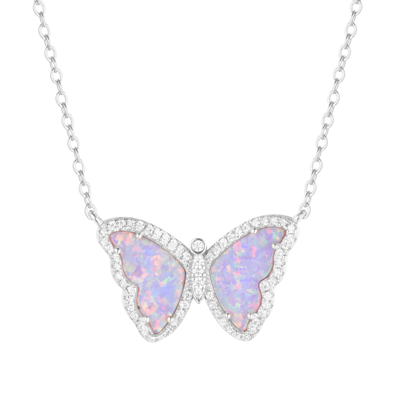 opal butterfly necklace with crystals in lavender silver