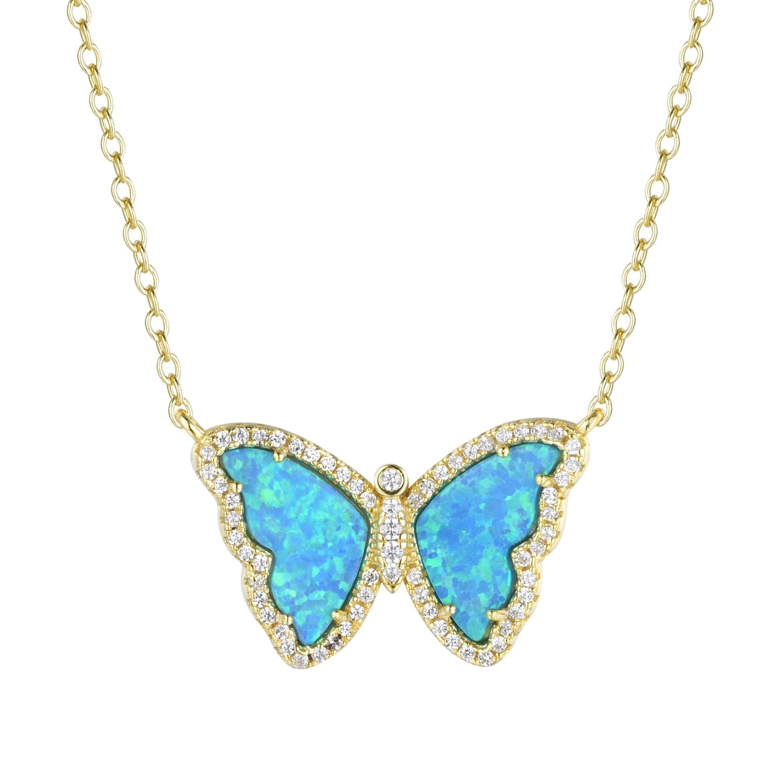 opal butterfly necklace with crystals blue green gold