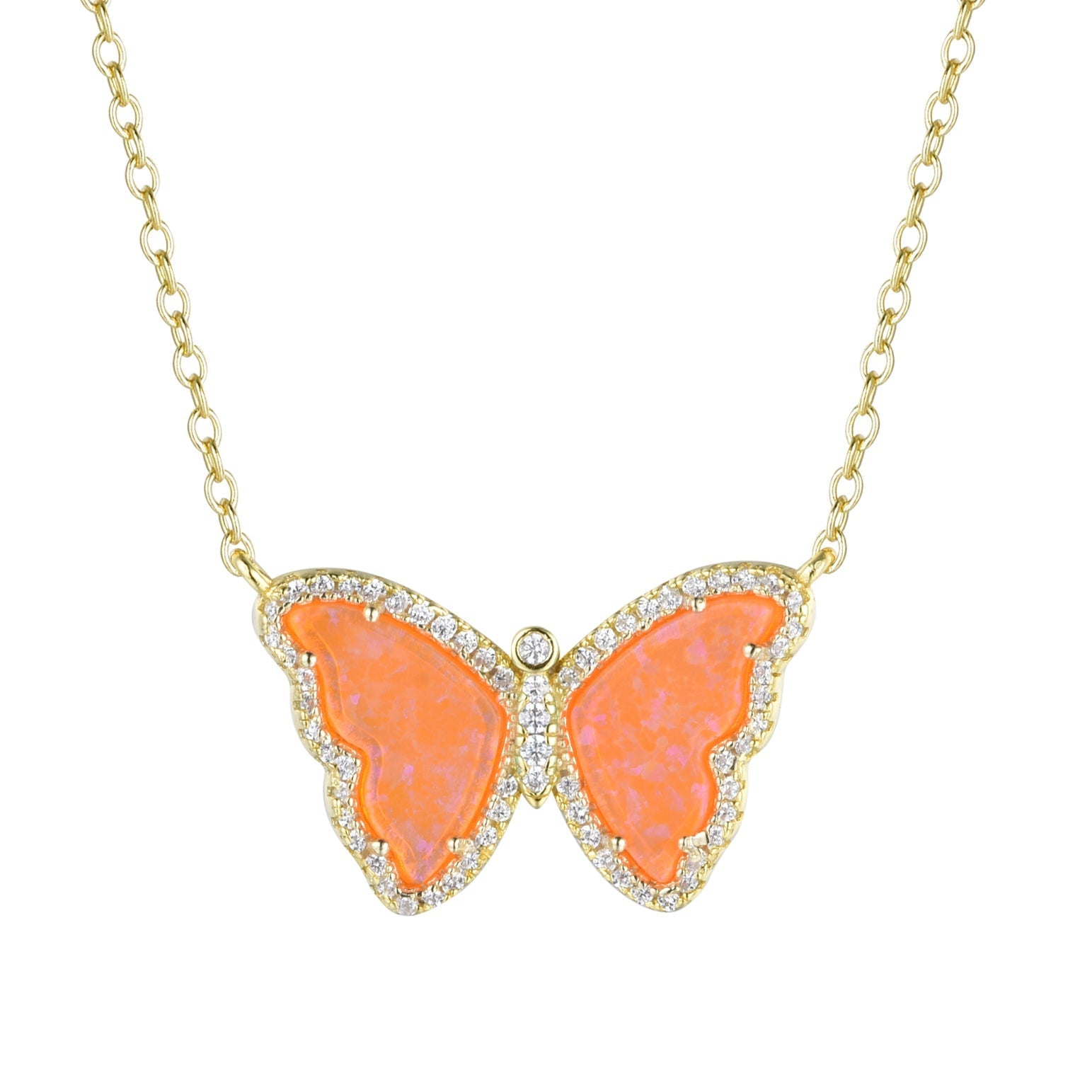 opal butterfly necklace with crystals orange gold