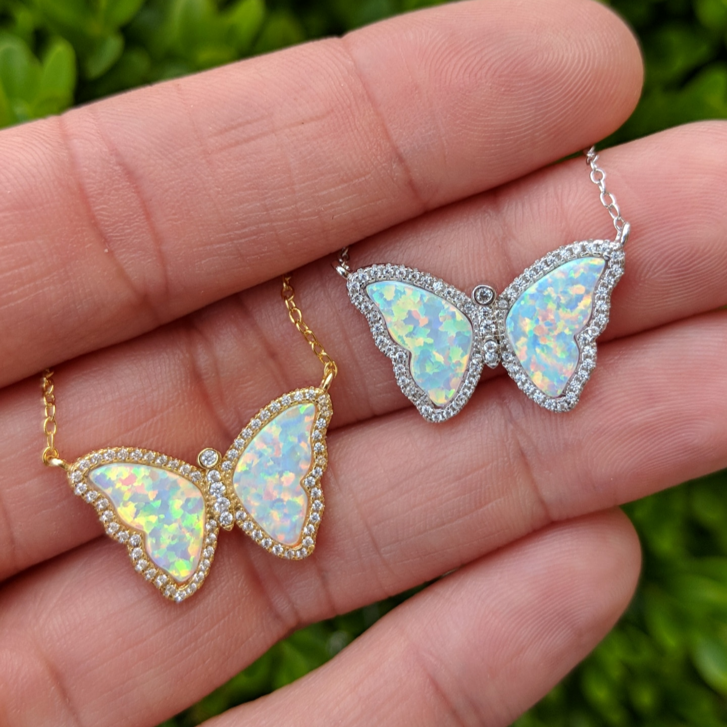 Opal Butterfly Necklace With Crystals White Opal in Silver and Gold