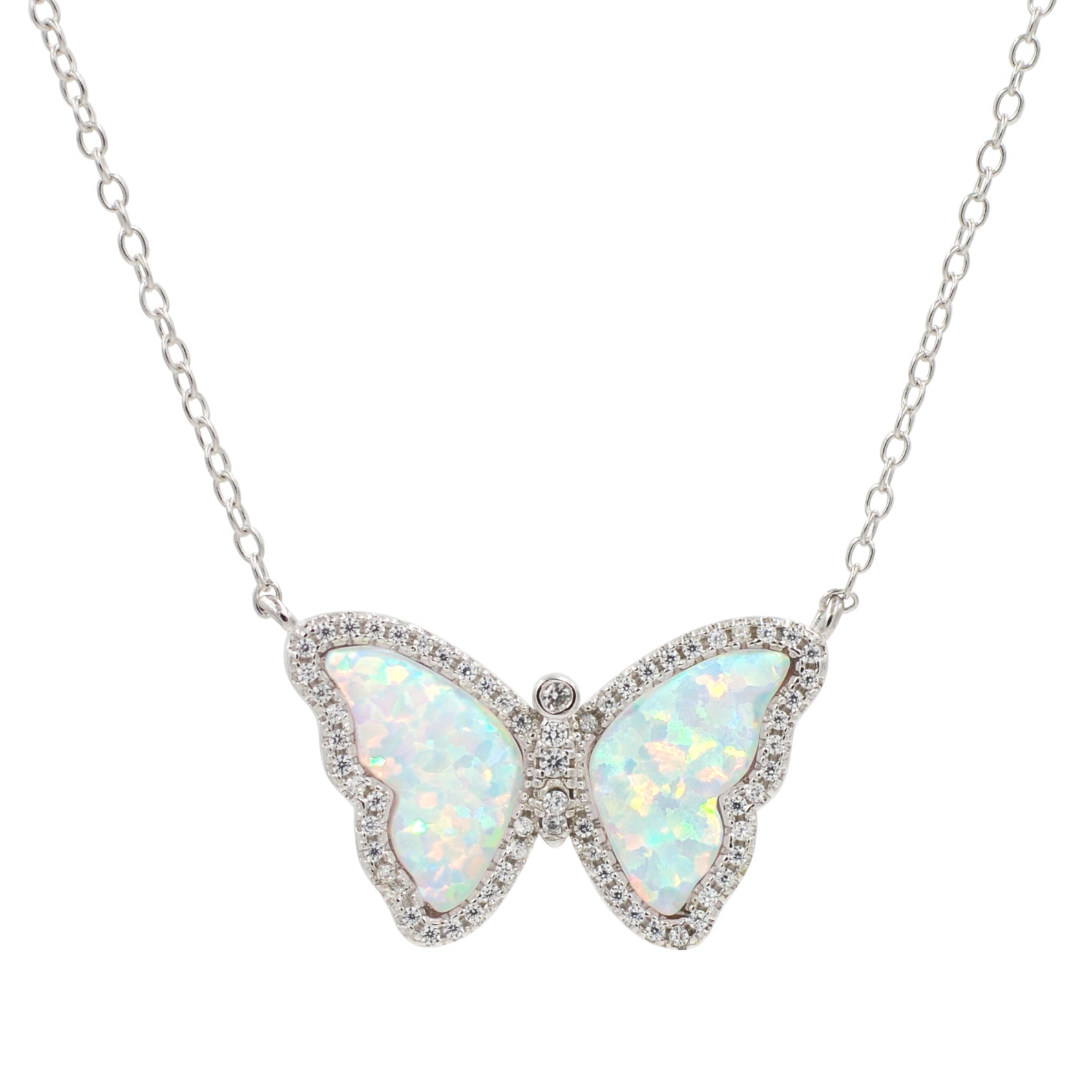 Opal Butterfly Necklace With Crystals in White Opal Silver