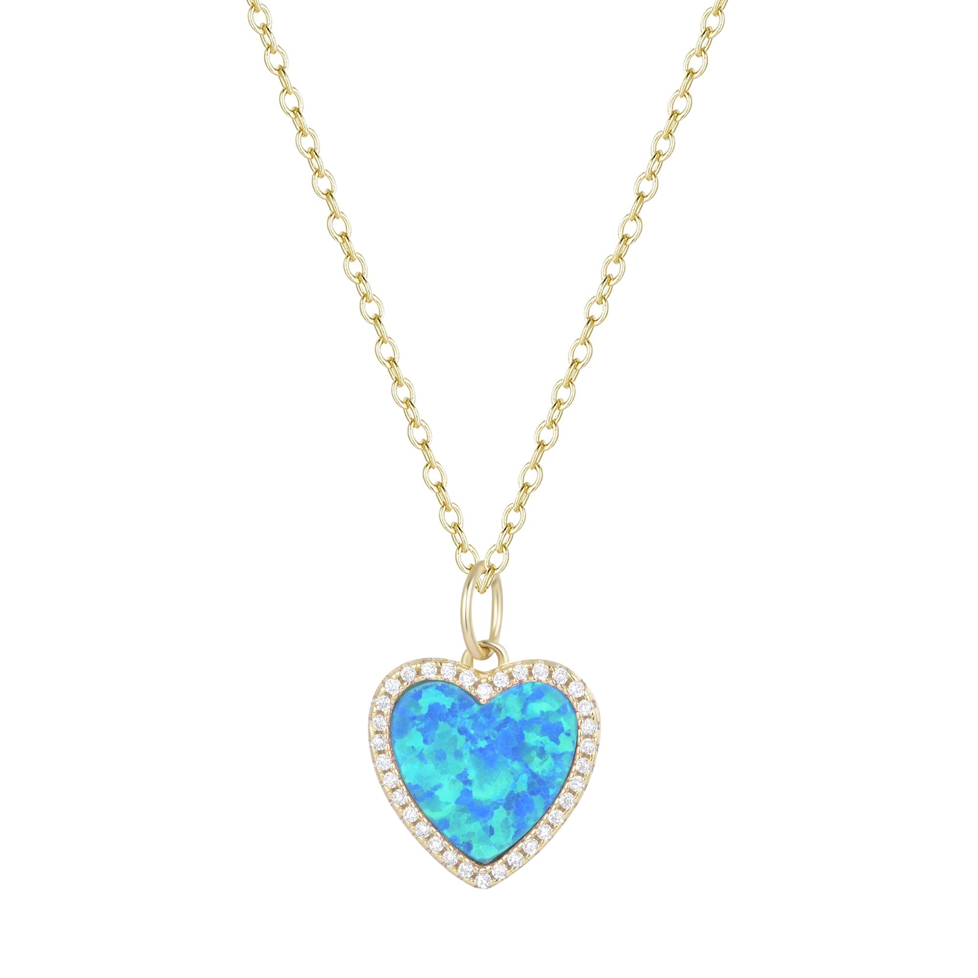 Opal heart necklace with crystals blue green gold