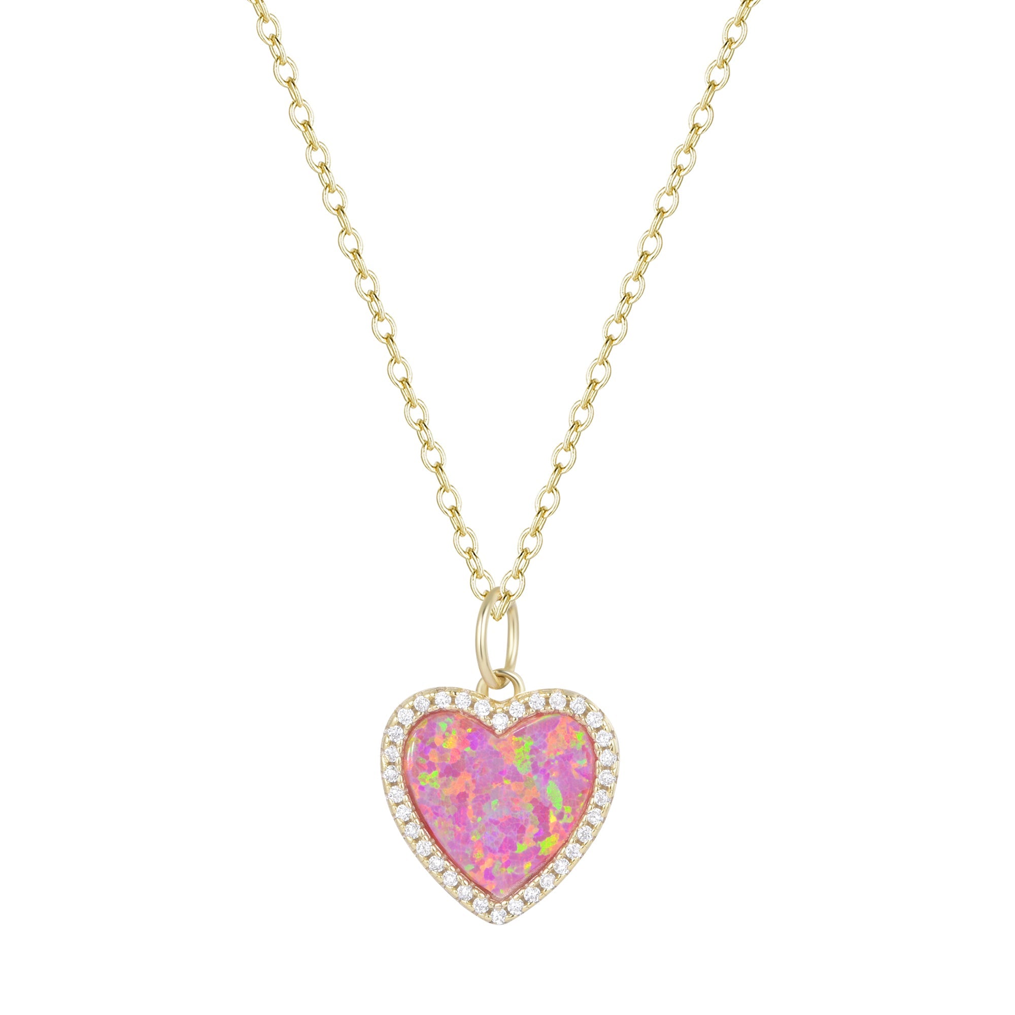 Opal Heart Necklace With Crystals - Pink