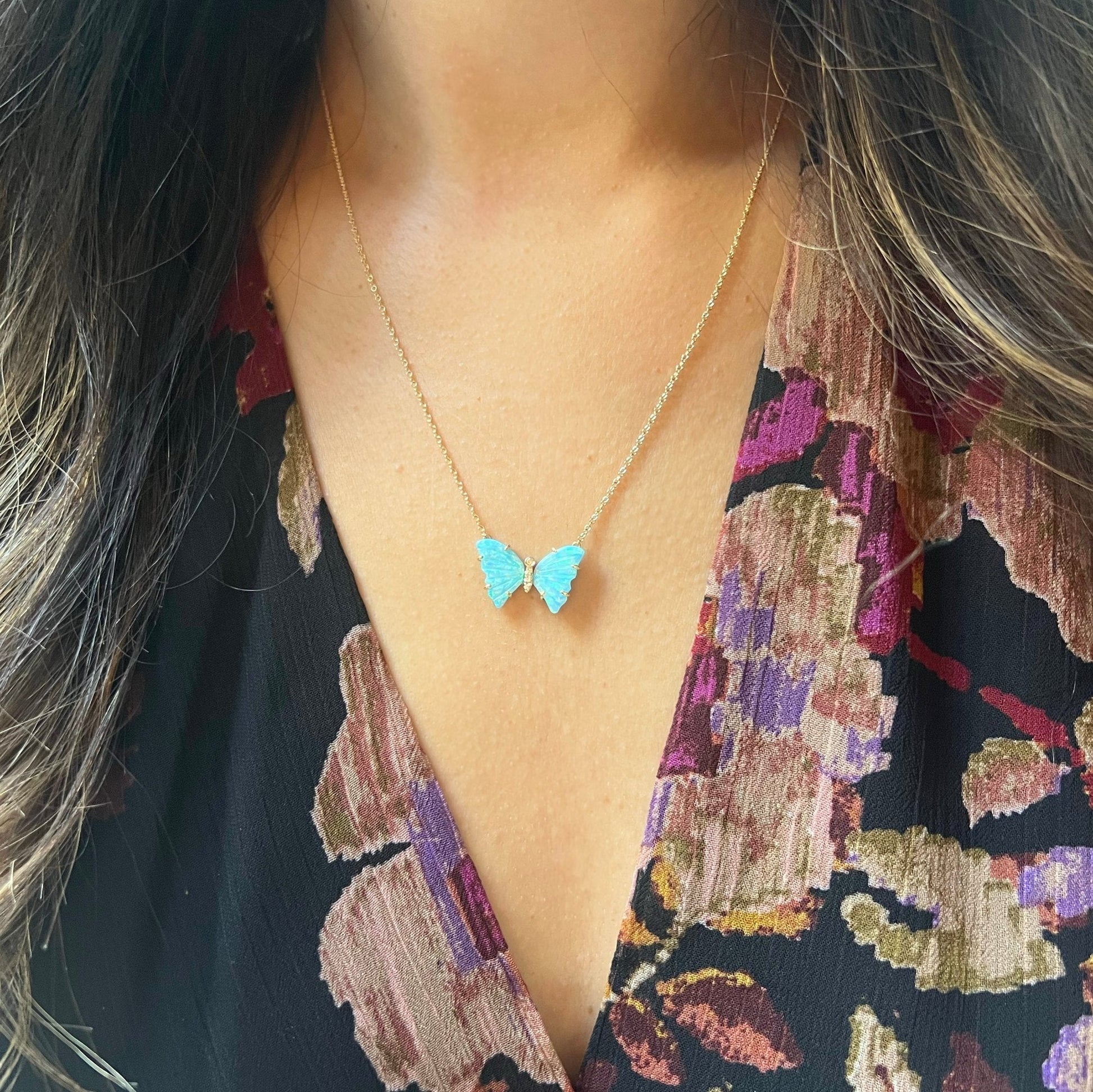 Opal and Turquoise Butterfly Necklace with Diamonds and Prongs