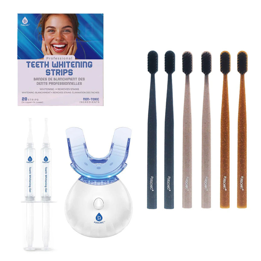 Pursonic LED Teeth Whitening Solution, Whitening Strips & Charcoal Toothbrush Bundle