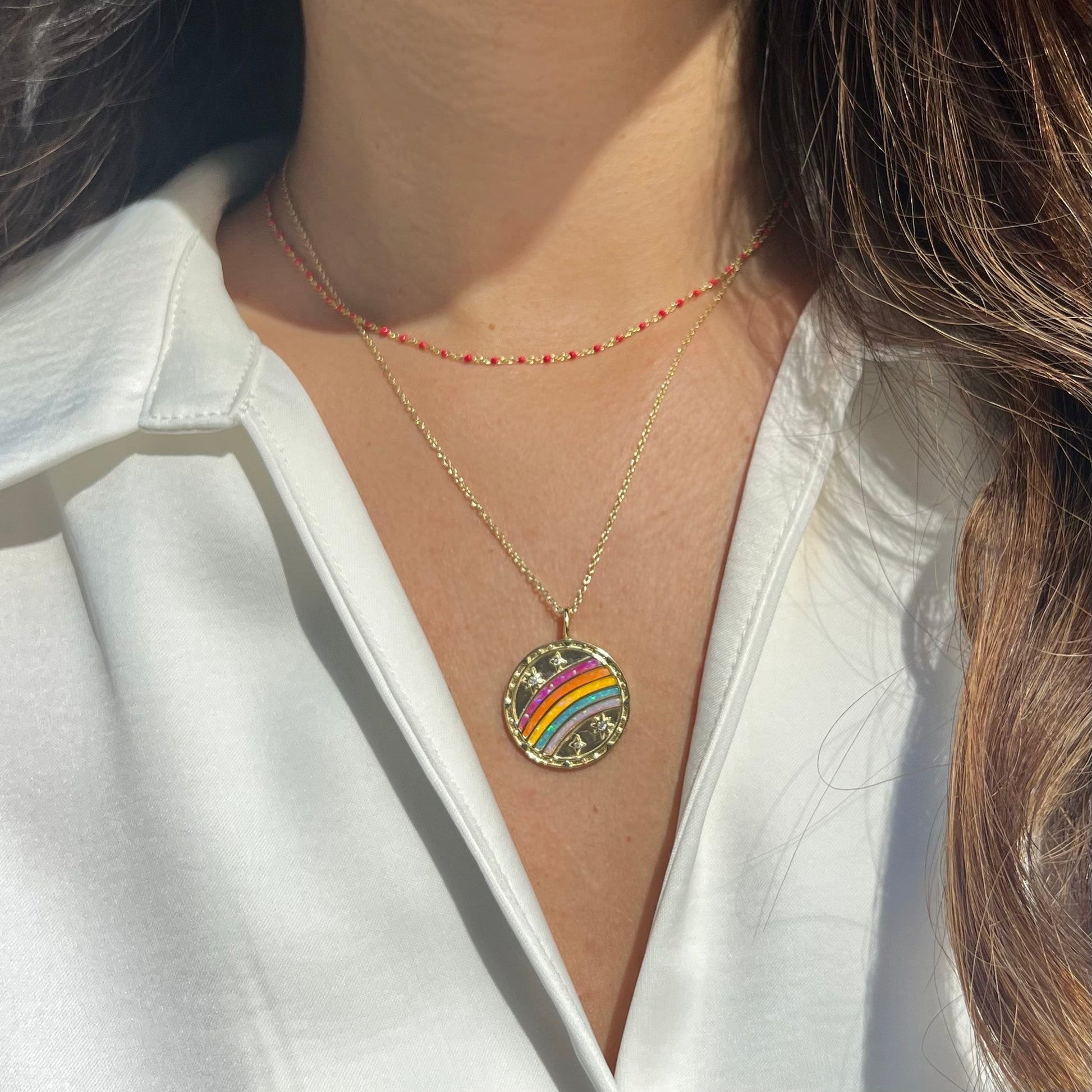 rainbow hope medallion necklace layered enamel choker